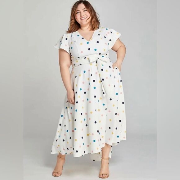 Lane Bryant Off white colorful polka dots high low belted dress sz 20 - Picture 1 of 14
